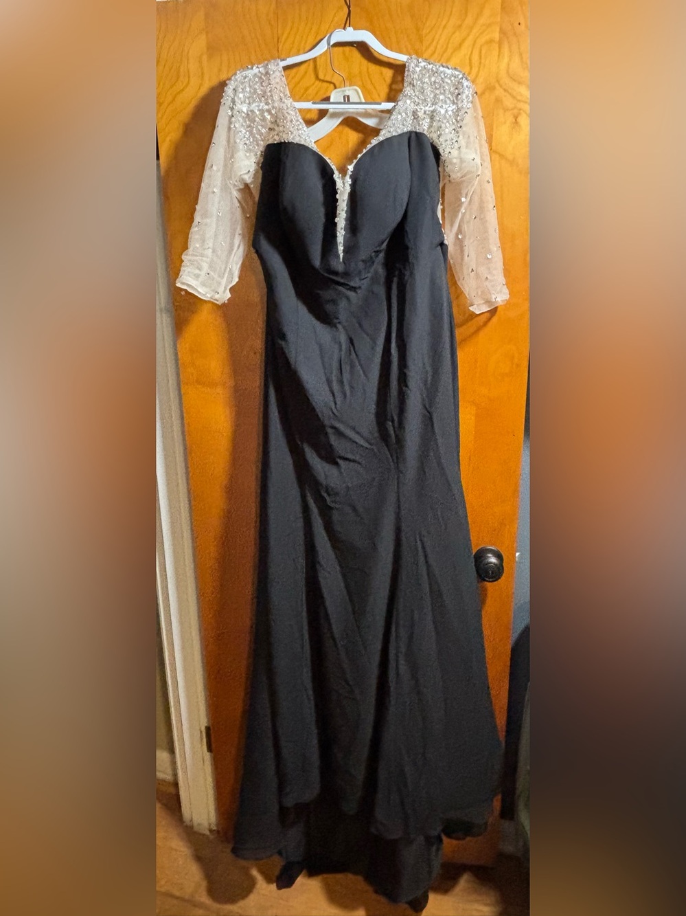 Black Evening Gown with Beaded Ivory Illusion Sleeves @Size Large